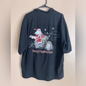 Harley Davidson Embroidered Moto Silk Blend Button Up Short Sleeve Santa Top 2xL